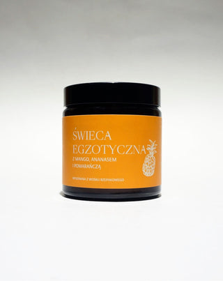 Egzotiška rapsų sėklų rankų darbo žvakė su mangų, ananasų ir apelsinų aromatu