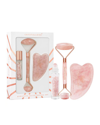 Face Roller + gua sha plate + roll-on bottle Rose kvarco grožio rinkinys Crystallove - 1