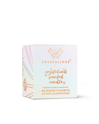 Vaivorykštinio fluorito ir rožinio šampano sojų žvakė stikliniame inde