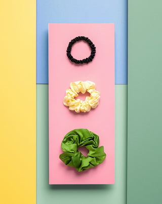 100 % natūralaus šilko plaukų gumyčių rinkinys - žalios, kreminės, juodos spalvos Twisty 3 vnt. - 5