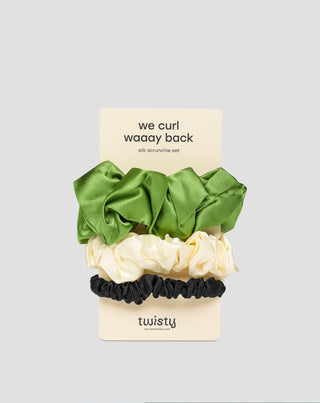 100 % natūralaus šilko plaukų gumyčių rinkinys - žalios, kreminės, juodos spalvos Twisty 3 vnt. - 1