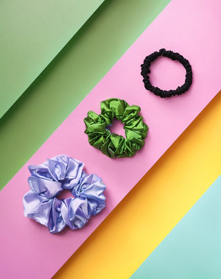 100 % natūralaus šilko plaukų gumyčių rinkinys - violetinė, žalia, juoda Twisty 3 vnt. - 3