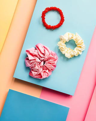 100 % natūralaus šilko plaukų gumyčių rinkinys - rožinė, kreminė, raudona Twisty 3 vnt. - 4