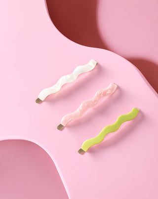 Banguojančių plaukų segtukų rinkinys perlamutrinis, žalias, rožinis Twisty 3 vnt. - 2