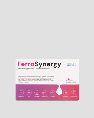 Maisto papildas, skirtas geležies trūkumui šalinti, palaikyti absorbciją su vitaminu C, B12 ir folio rūgštimi Gardenpharm FerroSynergy 30 vnt. - 1