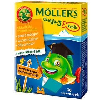 Maisto papildas su omega-3 riebalų rūgštimis Moller's apelsinų ir citrinų skonio žuvies 36 želė pupelės - 1