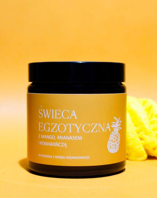 Egzotiška rapsų sėklų rankų darbo žvakė su mangų, ananasų ir apelsinų aromatu 