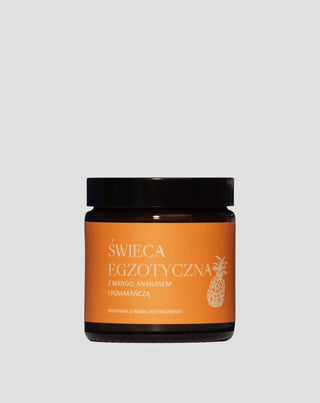 Egzotiška rapsų sėklų rankų darbo žvakė su mangų, ananasų ir apelsinų aromatu 
