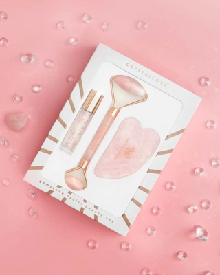 Face Roller + gua sha plate + roll-on bottle Rose kvarco grožio rinkinys Crystallove - 2