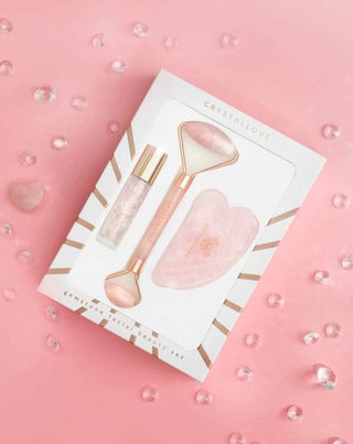 Face Roller + gua sha plate + roll-on bottle Rose kvarco grožio rinkinys Crystallove