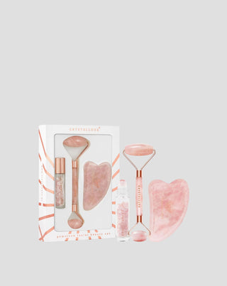 Ritininis volelis veidui + gua sha plokštelė + roll-on buteliukas Rožinio kvarco grožio rinkinys Crystallove