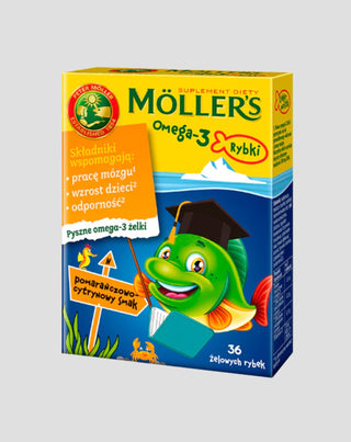 Maisto papildas su omega-3 riebalų rūgštimis Moller's apelsinų ir citrinų skonio žuvies 36 želė pupelės - 1